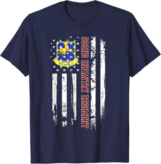 502nd Infantry Regiment Veteran USA Flag Veterans Day Xmas T-Shirt - T-Shirt | Navy