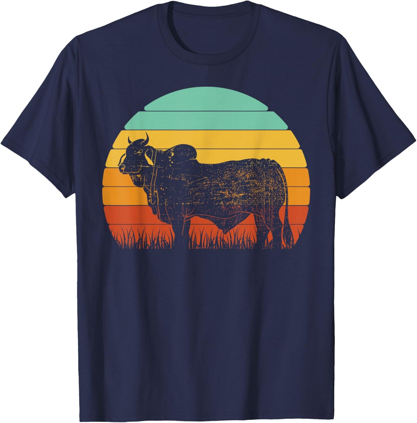 Retro Sunset Cow Farmer Brahman Cattle T-Shirt - T-Shirt | Navy