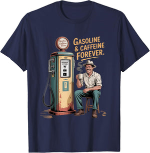 Vintage Gas Pump Powered By Gasoline And Caffeine T-Shirt - T-Shirt | Navy