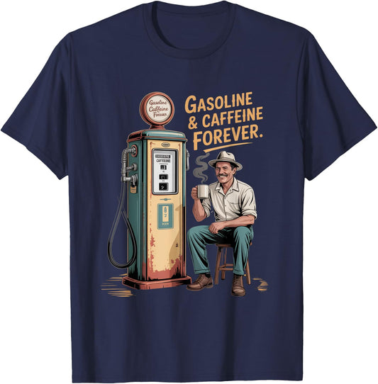 Vintage Gas Pump Powered By Gasoline And Caffeine T-Shirt - T-Shirt | Navy