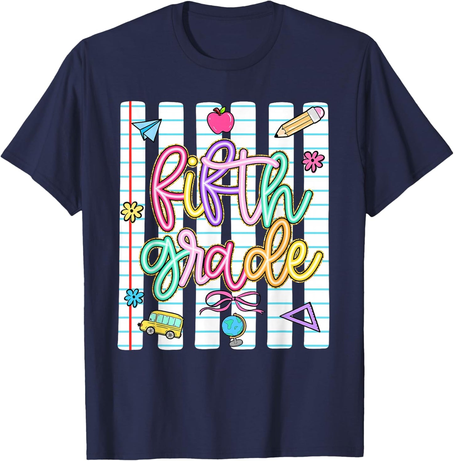Striped Preppy Fifth Grade Back to School Teacher Girl Kids T-Shirt - T-Shirt | Navy