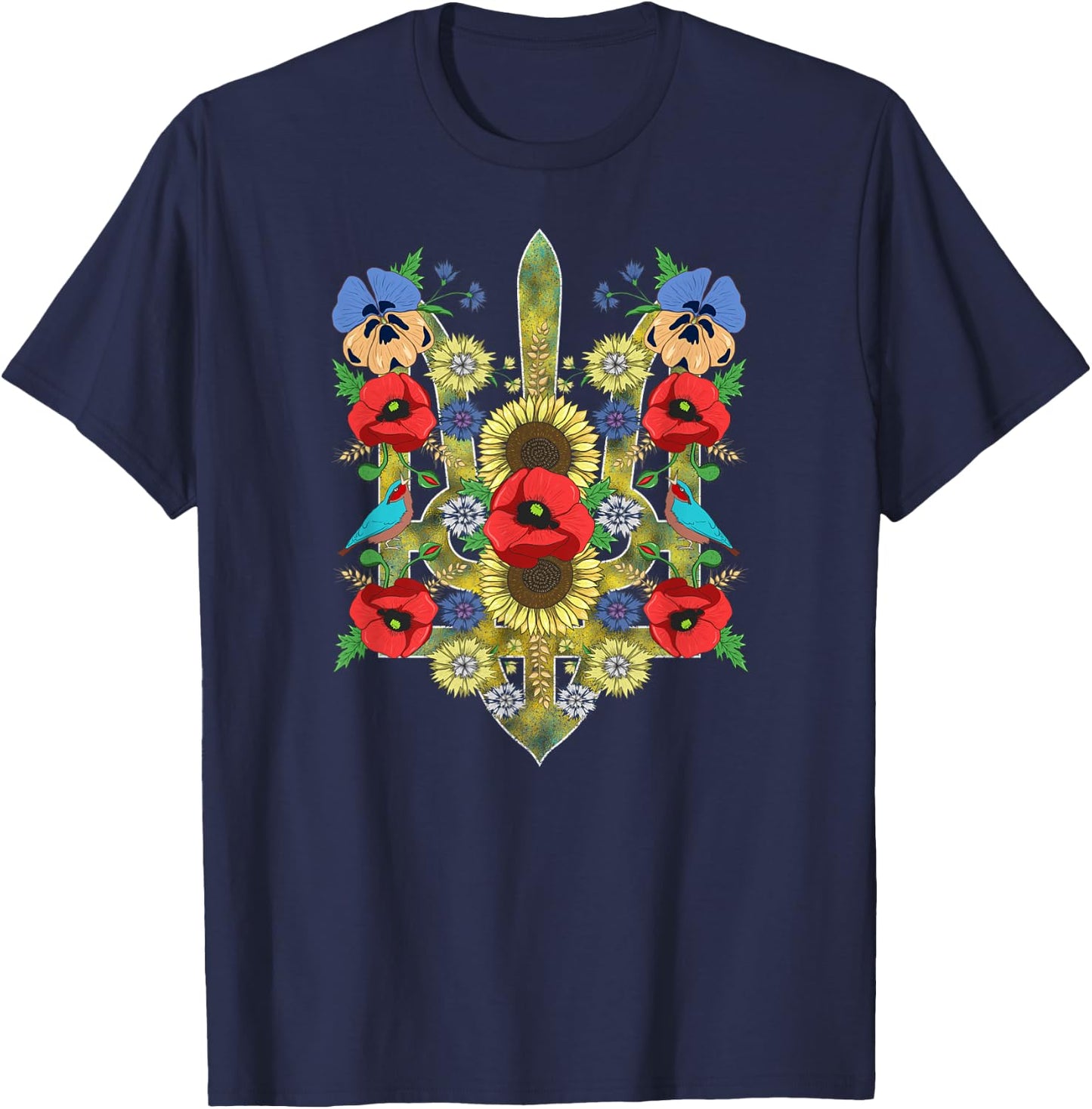 Ukraine Birds Red Poppies Trysub Retro Ukrainian Vyshyvanka T-Shirt - T-Shirt | Navy