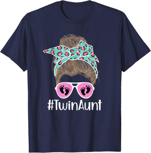 Twin Aunt Messy Bun Aunt Of Twins Twin Auntie Of Twins T-Shirt - T-Shirt | Navy