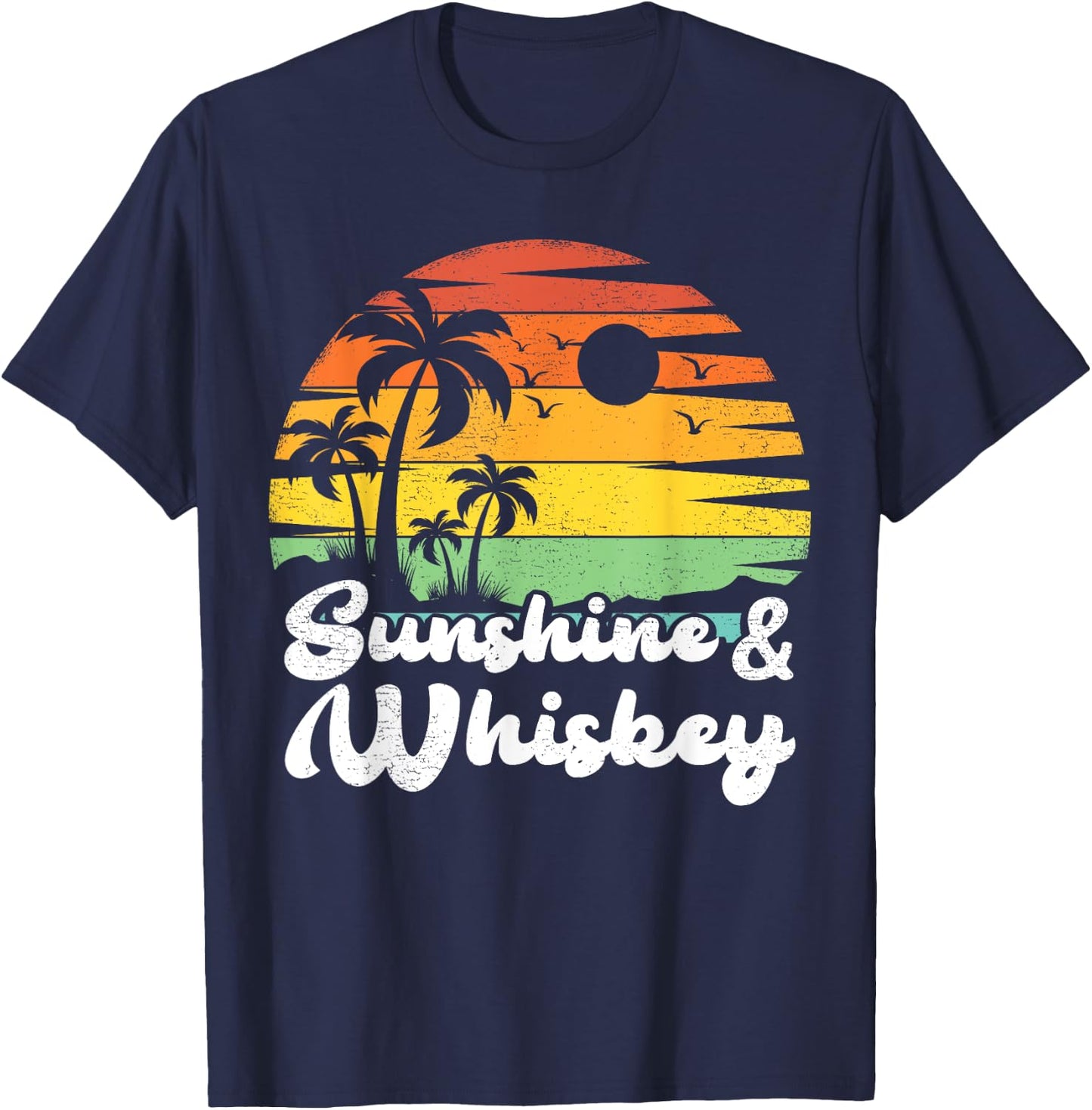 Palm Tree Vintage Sunset Sunshine And Whiskey Beach Vacation Men Women T-Shirt - T-Shirt | Navy