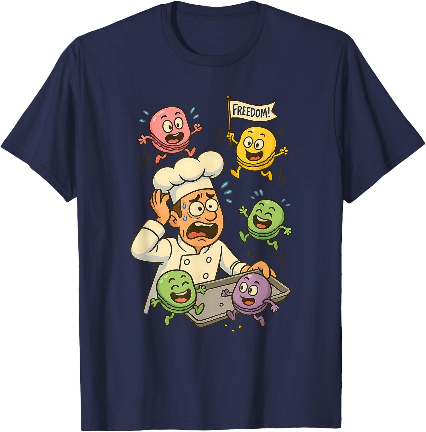 Funny Cartoon Chef & Escaping Macarons Baking Humor T-Shirt - T-Shirt | Navy
