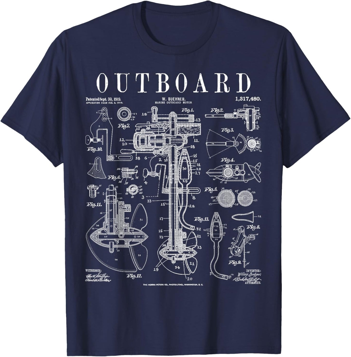 Fishing Boat Outboard Marine Motor Vintage Patent Print T-Shirt - T-Shirt | Navy