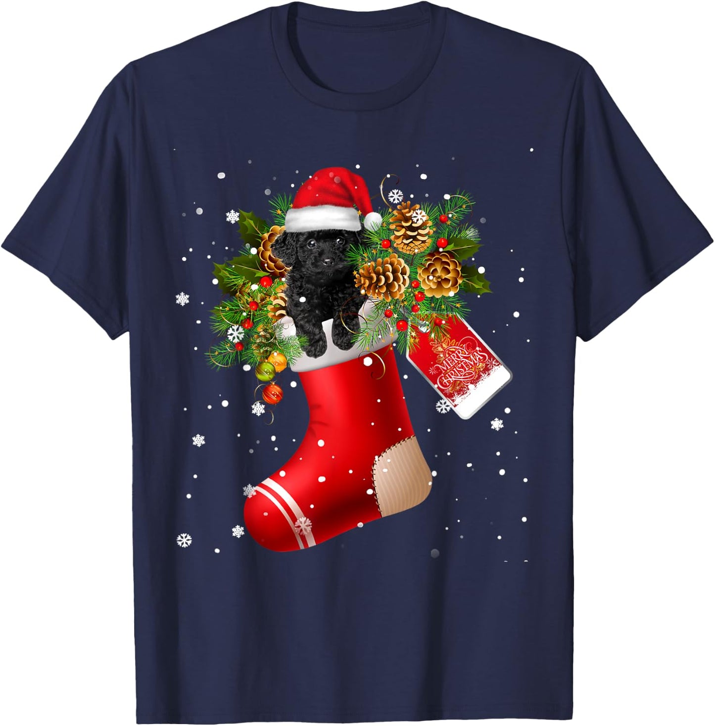 Santa Black Toy Poodle In Christmas Sock Pajama T-Shirt - T-Shirt | Navy