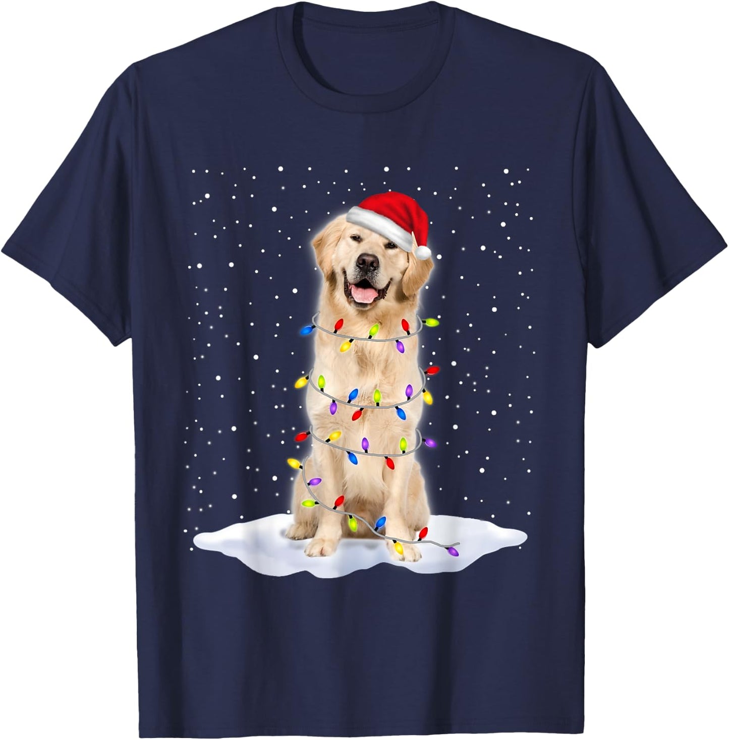 Golden retriever Santa Christmas Tree Lights Xmas T-Shirt - T-Shirt | Navy