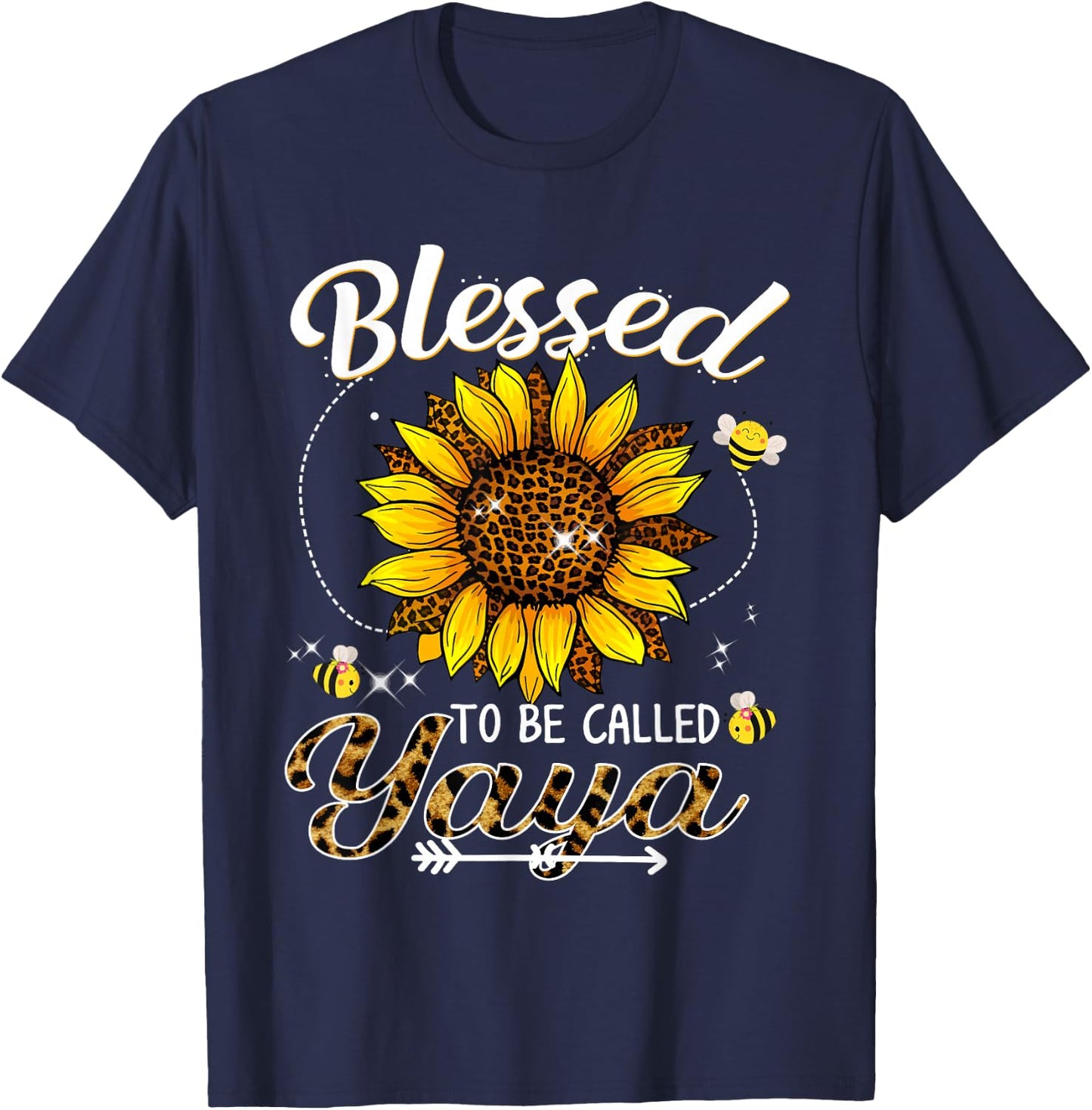 Blessed To Be Called Yaya Funny Leopard Sunflower And Bee T-Shirt - T-Shirt | Navy