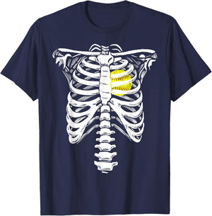 Softball Heart Skeleton Rib Cage Halloween Love Softball T-Shirt - T-Shirt | Navy