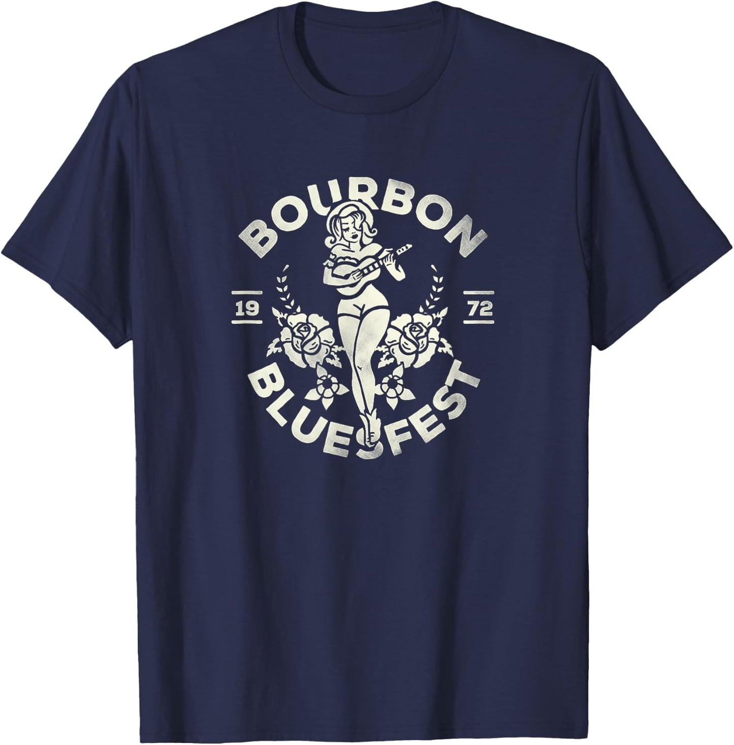 Bourbon Bluesfest 1972: Vintage Pinup Girl Playing Guitar T-Shirt - T-Shirt | Navy