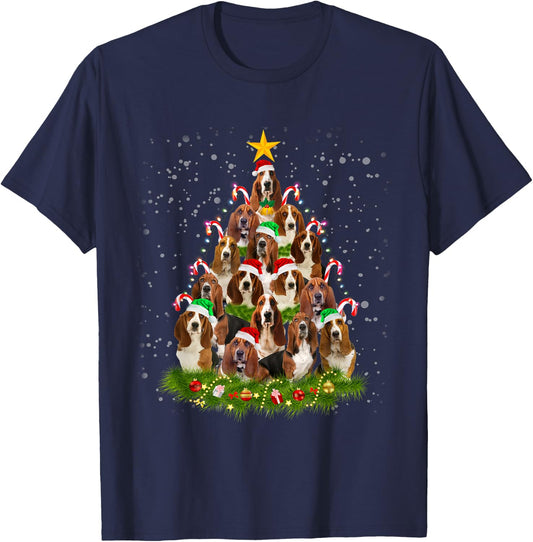 Basset Hound Merry Christmas Tree Light Pajama Basset Hound T-Shirt - T-Shirt | Navy