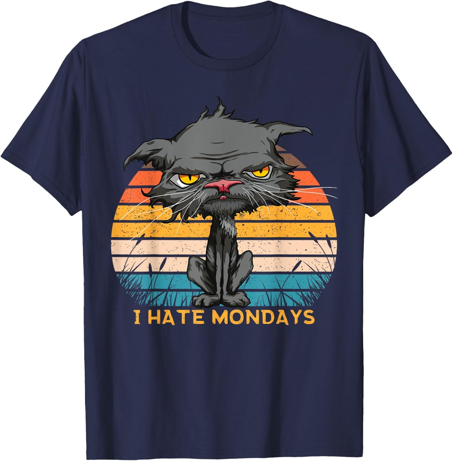 I Hate Mondays Bored Cat Yellow Eyes Retro Vintage Cat Lover T-Shirt - T-Shirt | Navy