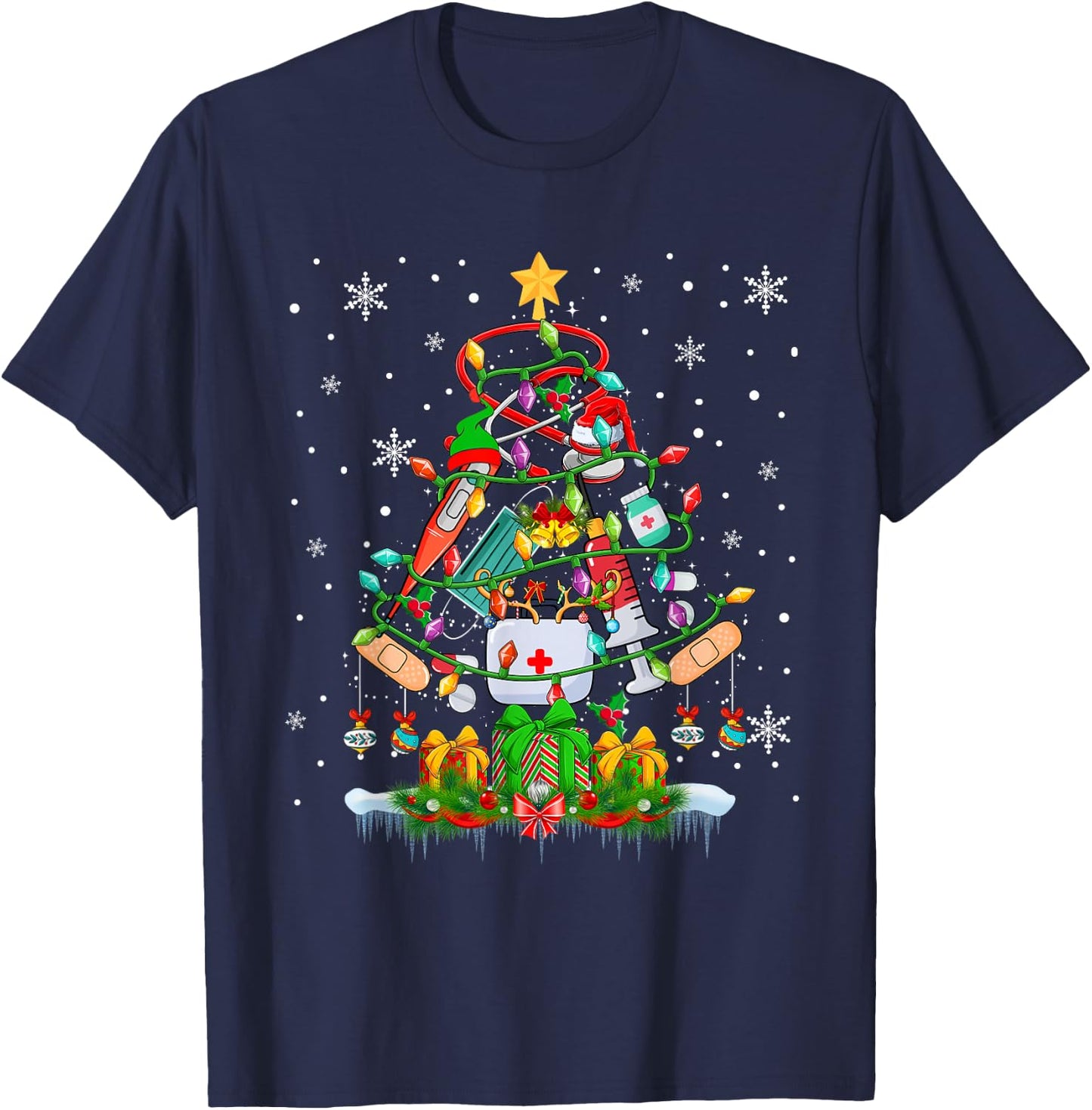Christmas Tree Santa Reindeer Elf Medical Instruments Doctor T-Shirt - T-Shirt | Navy