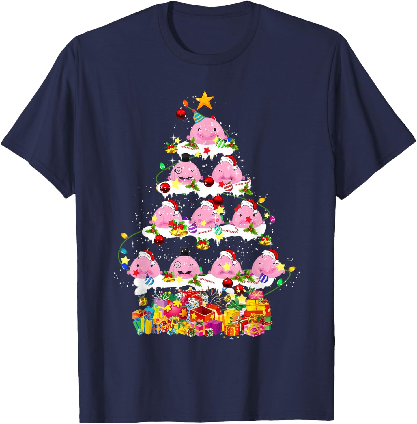 Santa Blobfish Christmas Tree Xmas Lights Blobfish Lover T-Shirt - T-Shirt | Navy