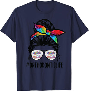 Ortho life messy bun hair glasses Orthodontic Dental life T-Shirt - T-Shirt | Navy