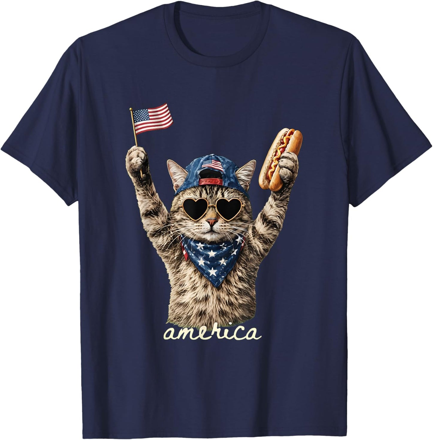 Funny America Cat Hot Dog Lovers Patriotic US Flag T-Shirt - T-Shirt | Navy