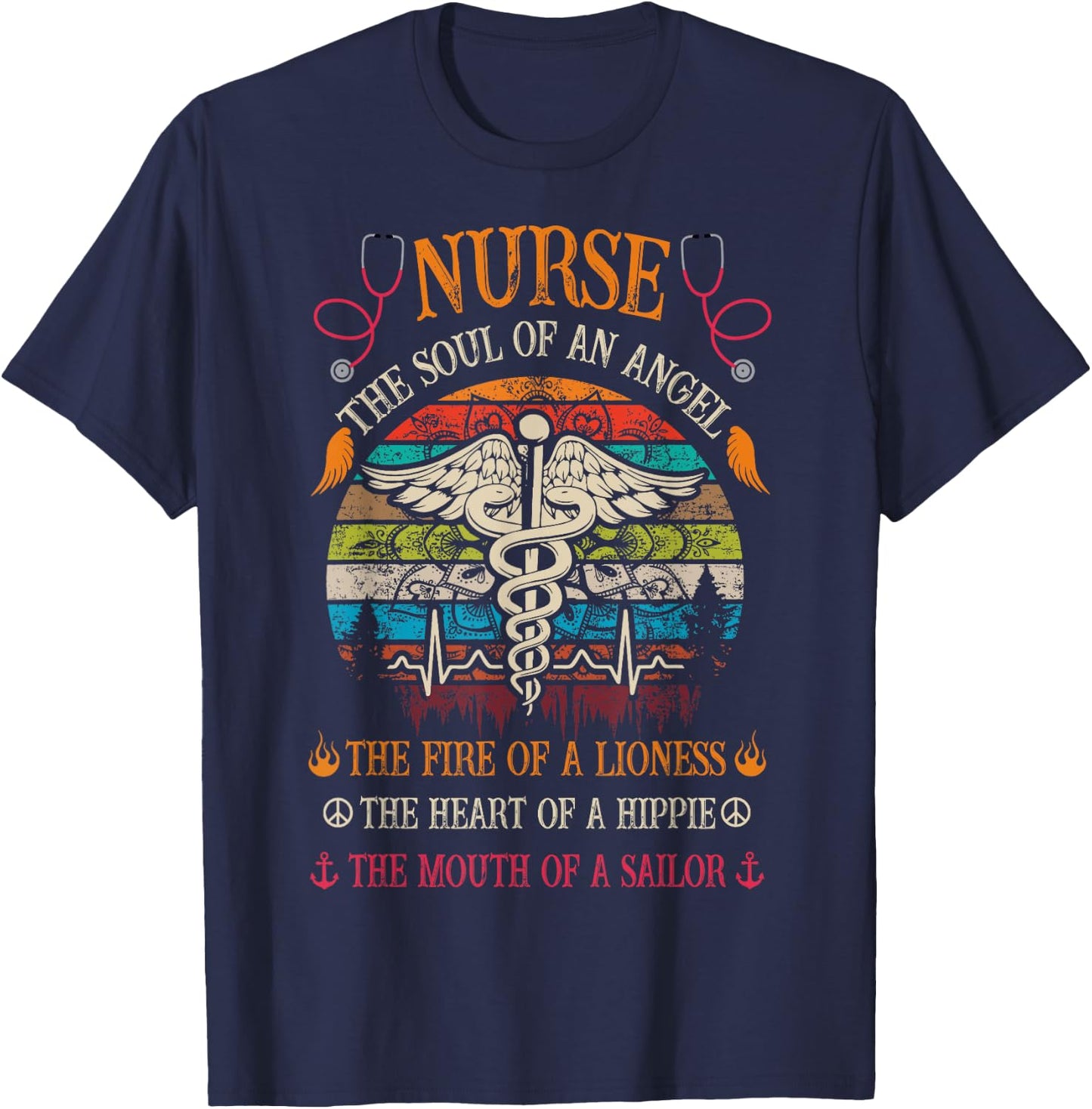 Nurse Soul Of An Angel Fire of A Lioness Vintage Hippie T-Shirt - T-Shirt | Navy
