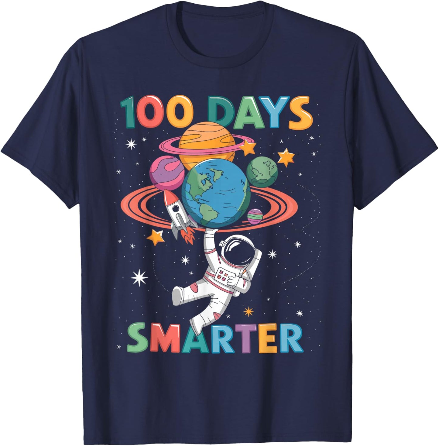 100 Days Smarter 100th Day of School Kids Astronaut Space T-Shirt - T-Shirt | Navy