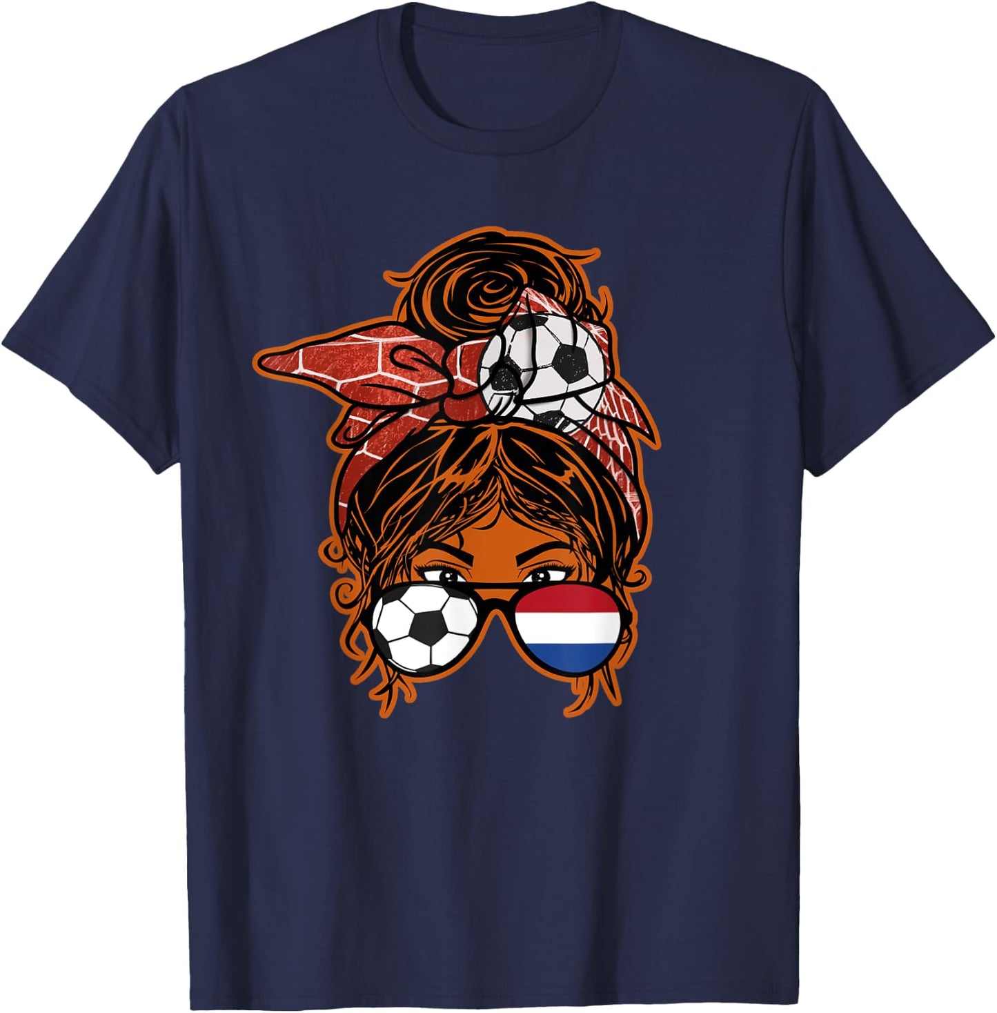 Messy Bun Hair Brown Skin Soccer Girl Netherlands Jersey T-Shirt - T-Shirt | Navy