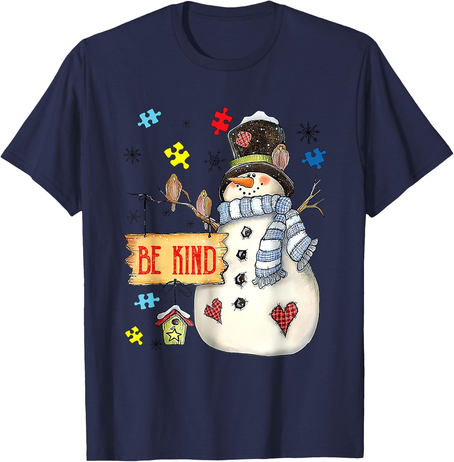 Be Kind Snowman Puzzle Autism Awareness Funny Family Xmas T-Shirt - T-Shirt | Navy