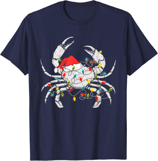 Crab Santa Hat Xmas Lights Sea Animal Lover Ugly Christmas T-Shirt - T-Shirt | Navy