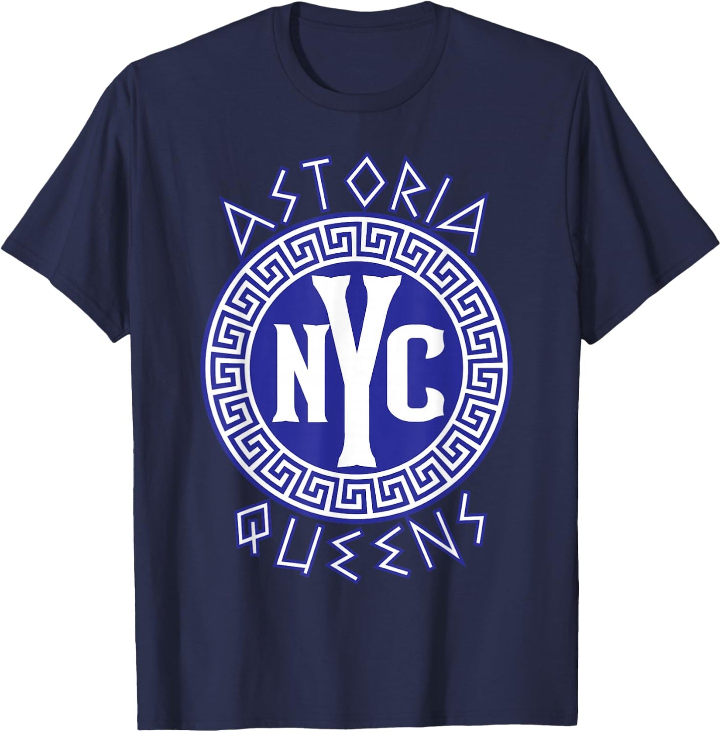 Astoria Queens NYC Circle with Greek Style Text T-Shirt - T-Shirt | Navy