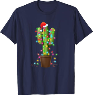 Christmas Lights Cactus Lover Funny Xmas Gifts Women T-Shirt - T-Shirt | Navy