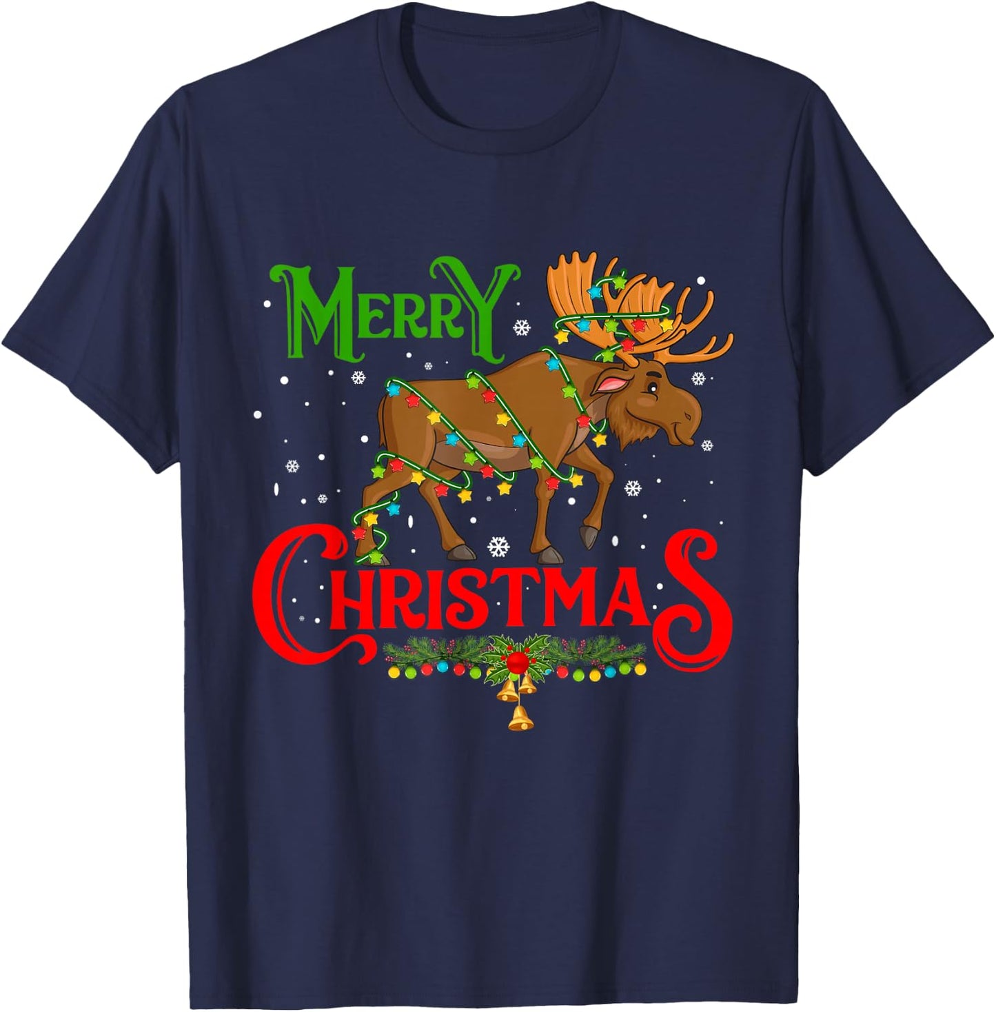 Merry Christmoose Christmas Moose Xmas Tree Lights Around T-Shirt - T-Shirt | Navy
