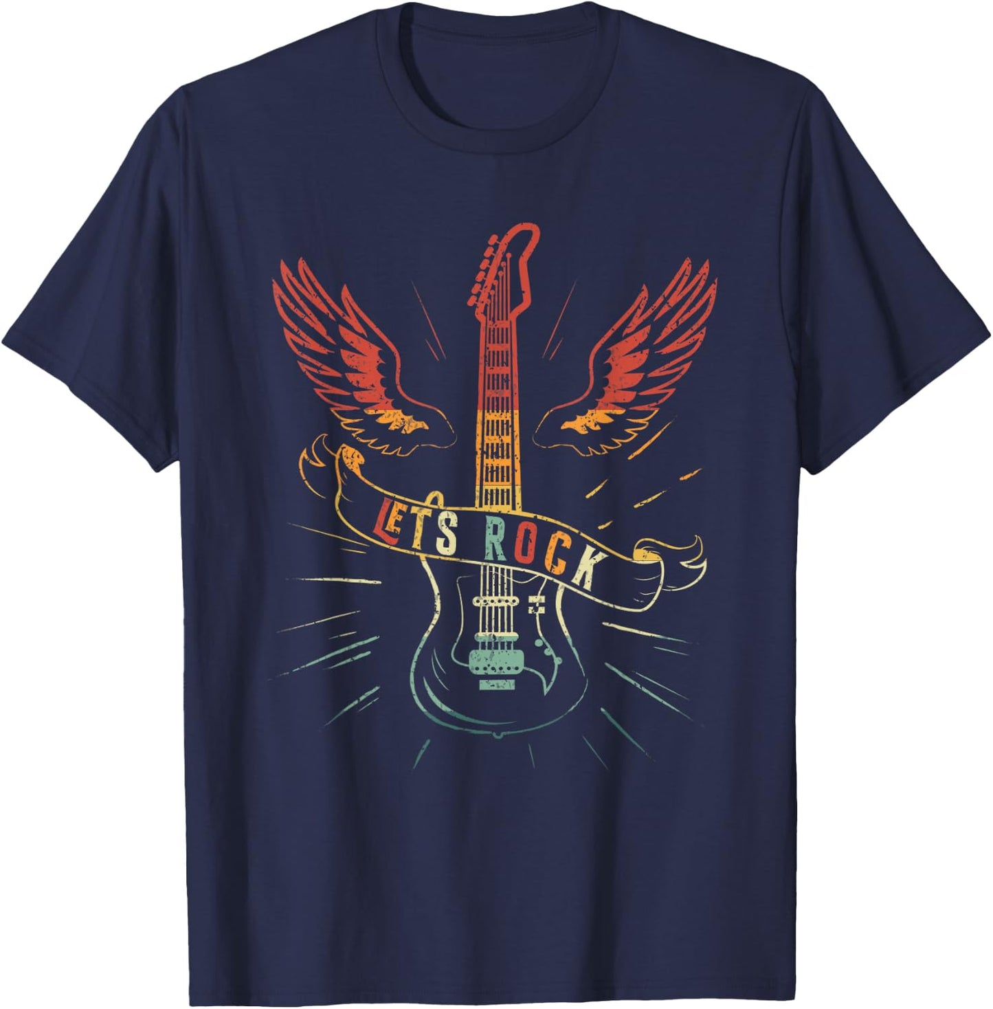 Lets Rock Rock n Roll Guitar Retro Lovers T-Shirt - T-Shirt | Navy