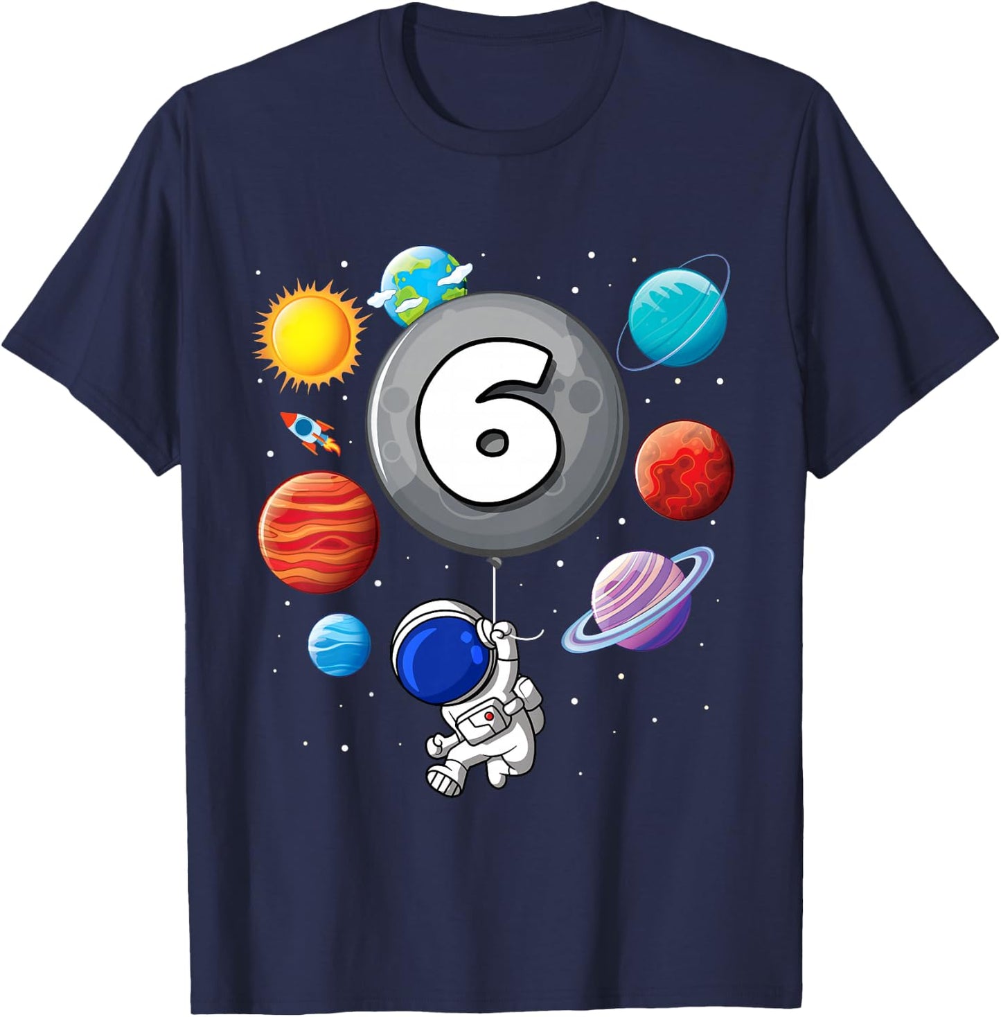 Kids 6th Birthday Astronaut Balloon Planet 6 Year Old Boy T-Shirt - T-Shirt | Navy