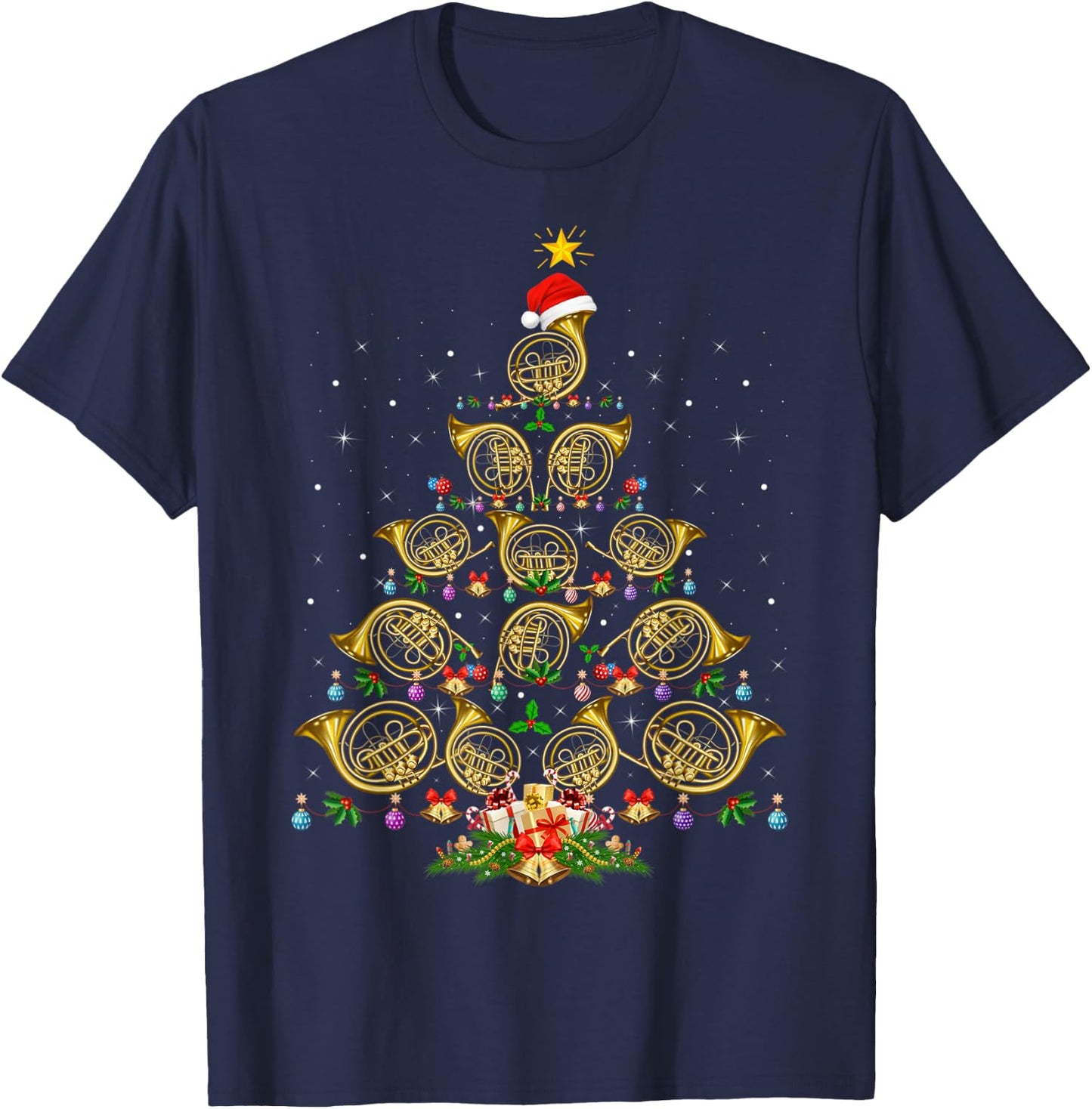 French Horn Lover Christmas Lighting French Horn Xmas Tree T-Shirt - T-Shirt | Navy