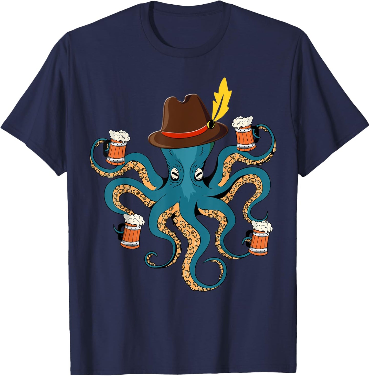 Funny Oktoberfest Octopus with Beer German Hat - Oktoberfest T-Shirt - T-Shirt | Navy