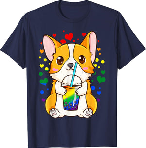 Boba Tea Bubble Tea Cute Kawaii Corgi Rainbow Pride T-Shirt - T-Shirt | Navy