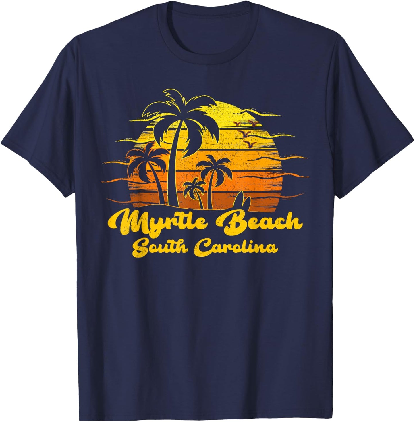 Vintage Retro Palm Tree Sunset South Carolina Myrtle Beach Women Kids T-Shirt - T-Shirt | Navy