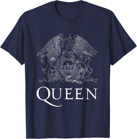 Queen Official Classic Crest Logo White Short Sleeve T-Shirt - T-Shirt | Navy