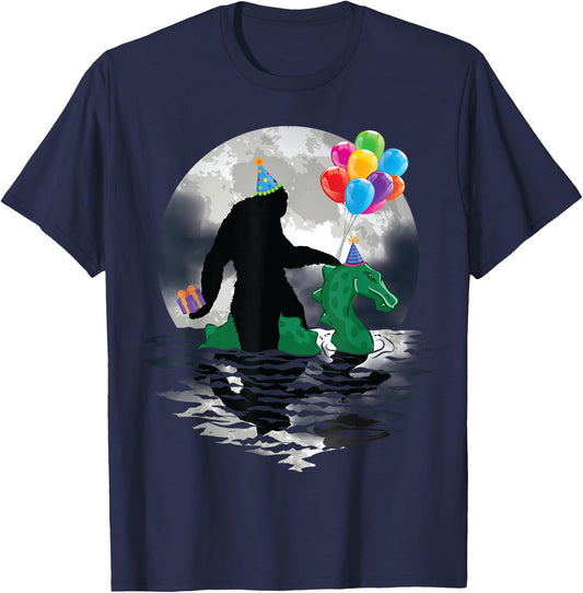 Funny Bigfoot Riding Loch Ness Monster Birthday Celebration T-Shirt - T-Shirt | Navy