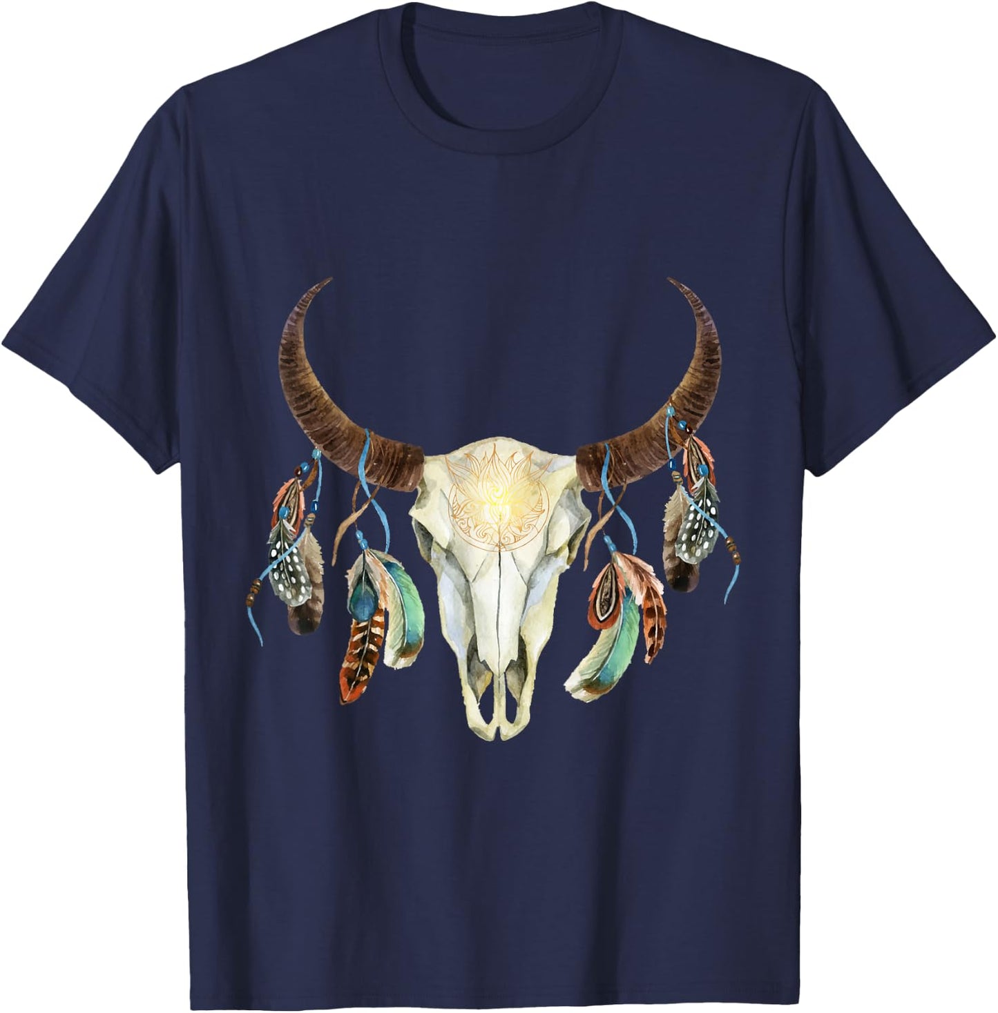 Longhorn Bull Skull Boho Life Cowboy Sunset Aztec Art T-Shirt - T-Shirt | Navy