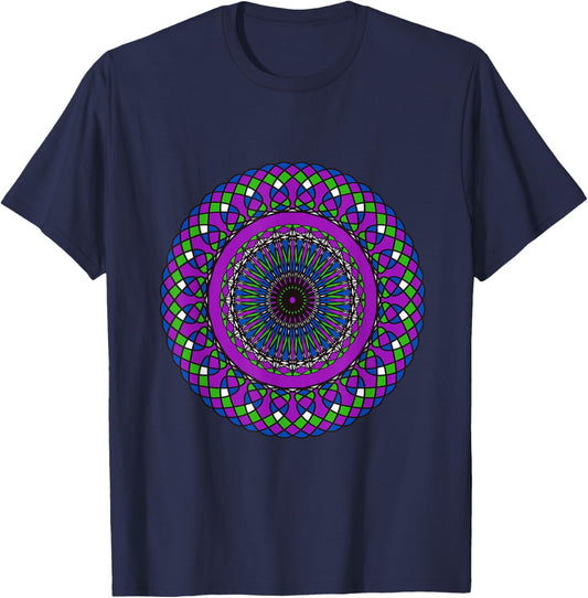 Colorful Mandala Pattern | Yoga & Spiritual Geometry Design T-Shirt - T-Shirt | Navy