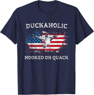 Duckaholic Hooked on Quack - Funny Duck Hunting US FLag T-Shirt - T-Shirt | Navy