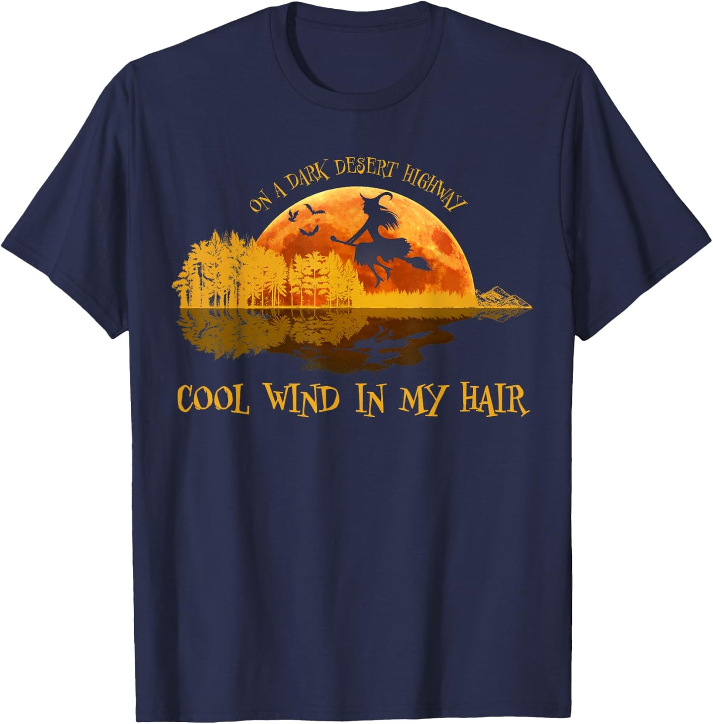 Flying Witch Riding Her Broom On A Desert Highways Halloween T-Shirt - T-Shirt | Navy