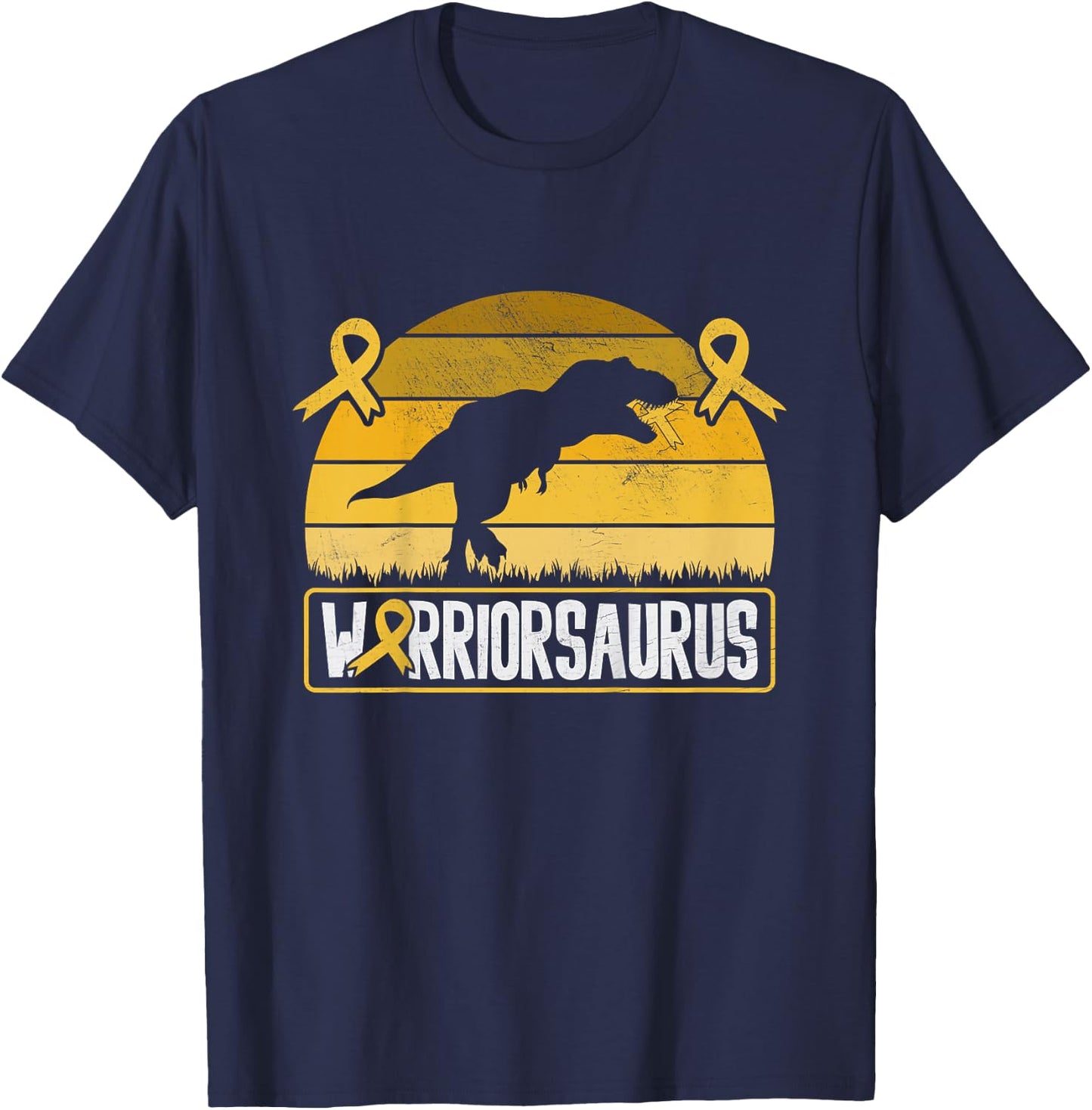 Warriorsaurus Childhood Cancer Awareness Warrior Gold Ribbon T-Shirt - T-Shirt | Navy