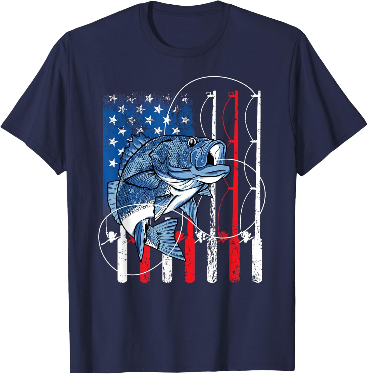 Fishing Vintage American Flag Bass Fisherman Gifts T-Shirt - T-Shirt | Navy