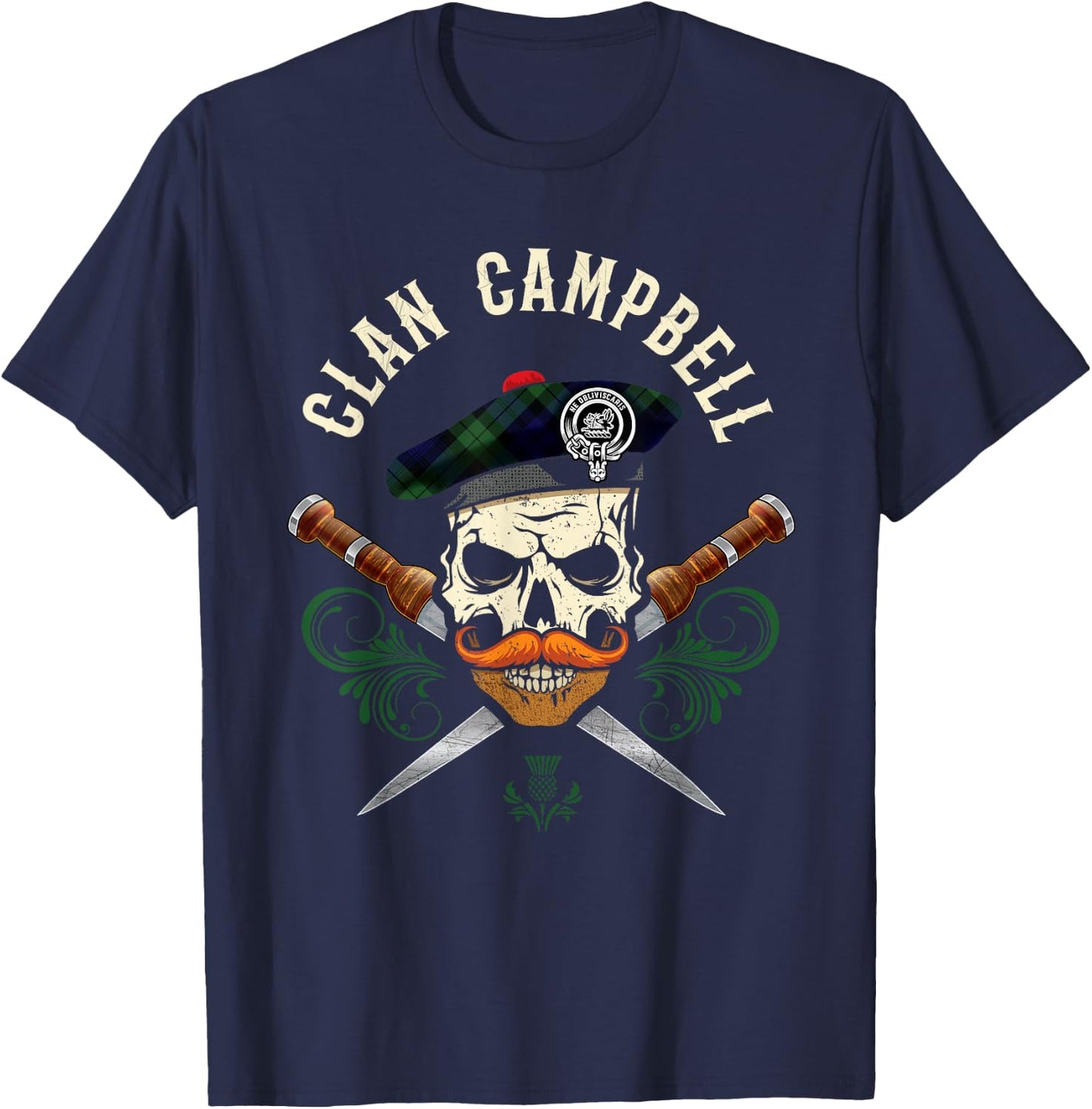 Campbell Surname Scottish Clan Skull Tam Dirks Tartan Badge T-Shirt - T-Shirt | Navy