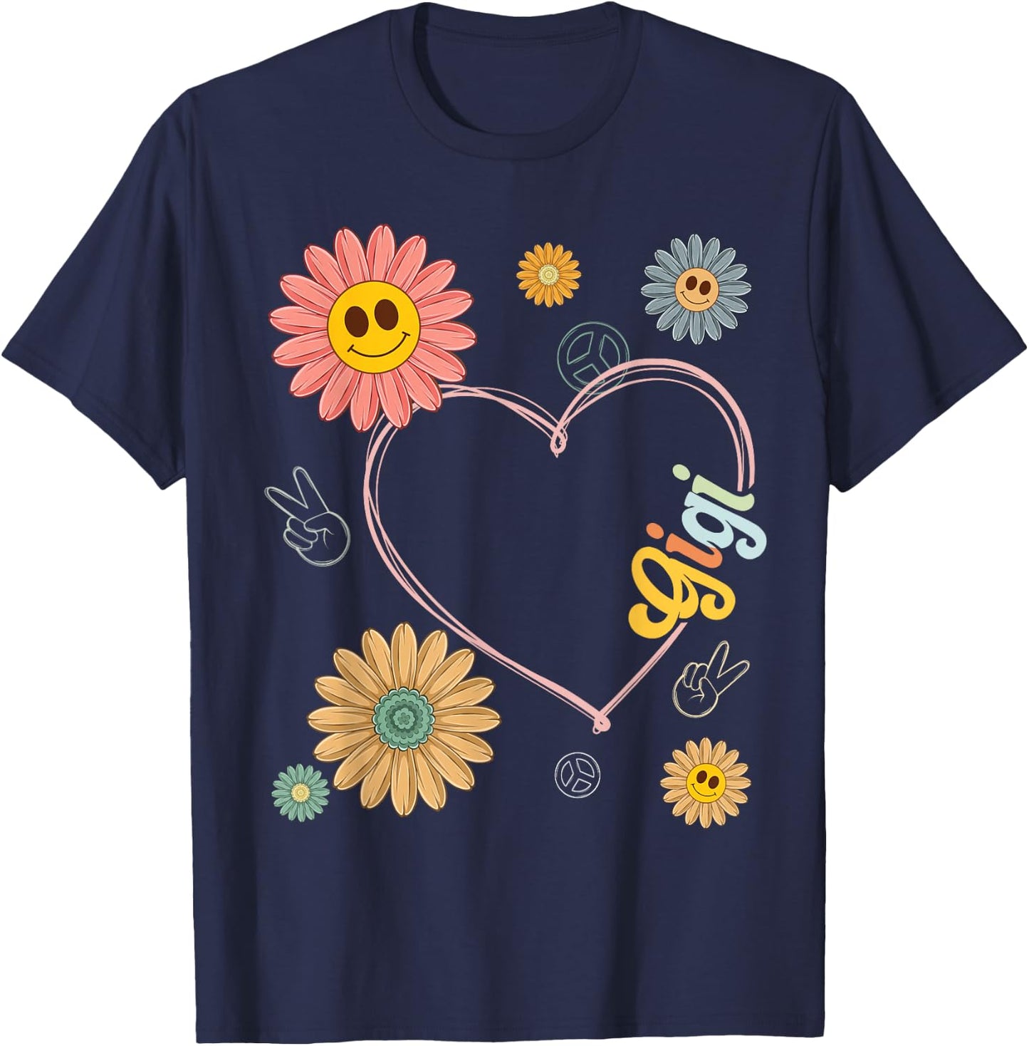 Love Heart Groovy Gigi Mother's Day Women Hippie 70's Style T-Shirt - T-Shirt | Navy