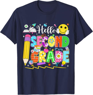 Hello Second Grade Team 2nd Grade Back to School Teacher Kid T-Shirt - T-Shirt | Navy
