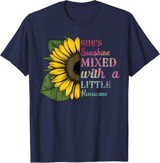 She Is Sunshine Mixed with a Little Hurricane Sunflower Art T-Shirt - T-Shirt | Navy