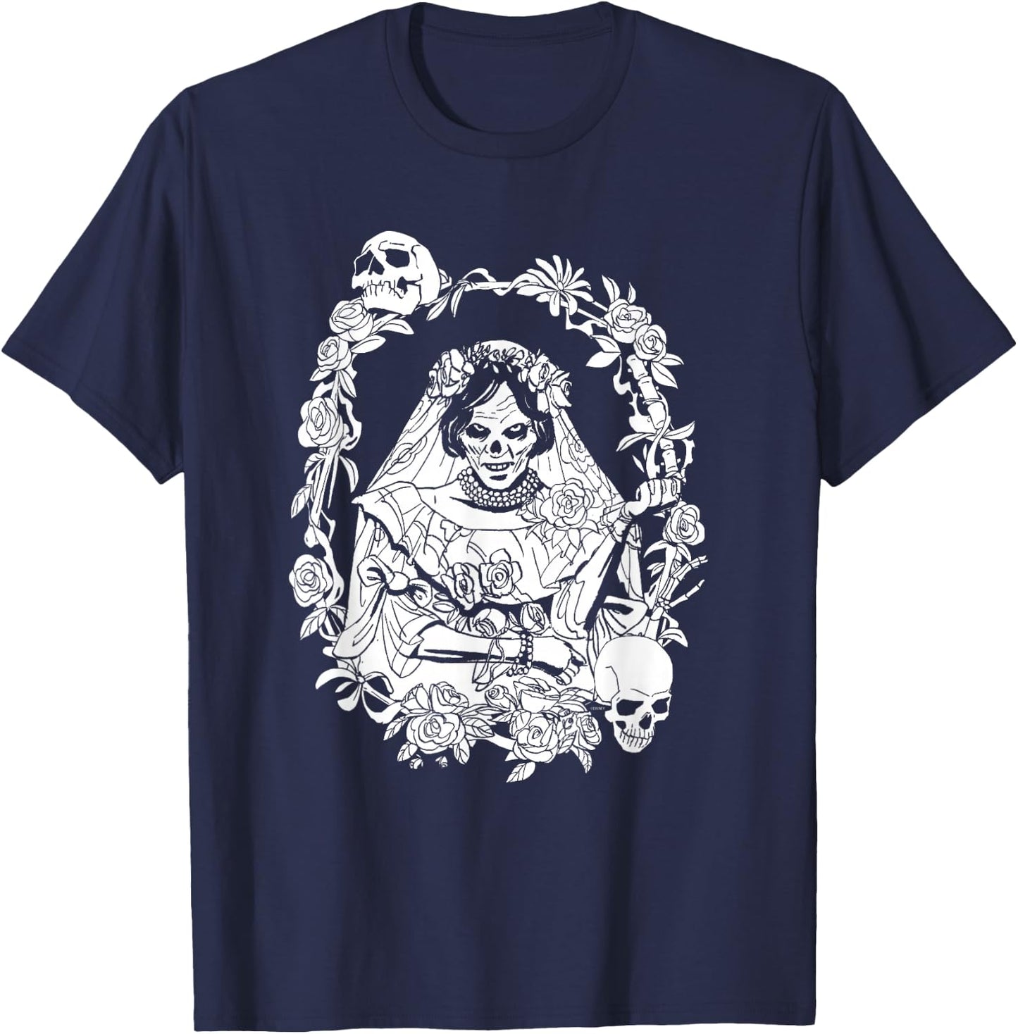 Disney Haunted Mansion Movie The Bride Ghost Skulls & Roses T-Shirt - T-Shirt | Navy