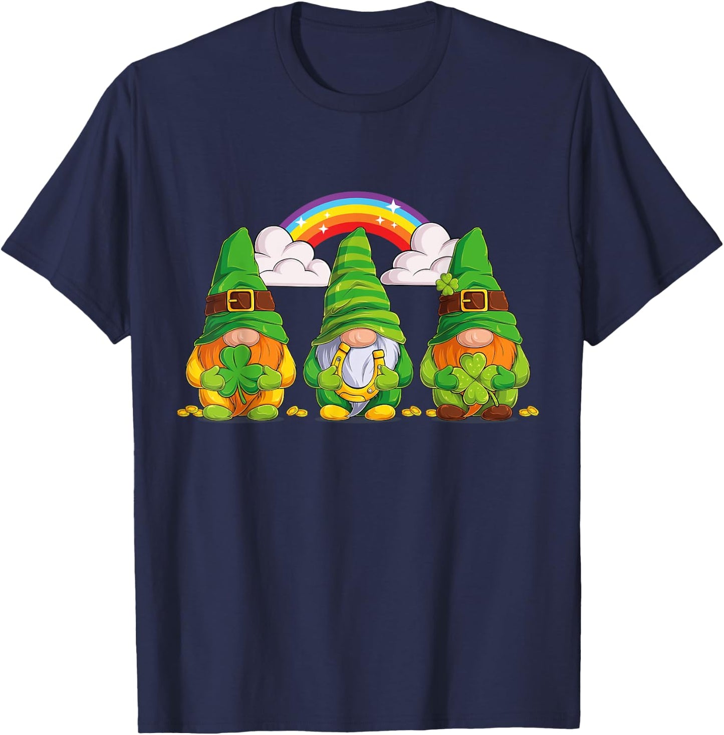 Lucky Gnomes Holding Shamrock Clover And Horseshoe Rainbow T-Shirt - T-Shirt | Navy
