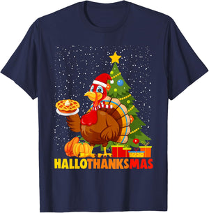 Happy Hallothanksmas Funny Halloween Thanksgiving Christmas T-Shirt - T-Shirt | Navy
